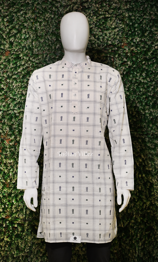 White Black Fish Motif Odisha Ikat Sambalpuri Cotton Kurta For Men