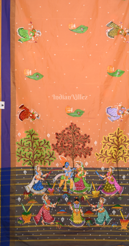 Orange Grey Krishna Raas Leela Hand-Painted Pattachitra Saree