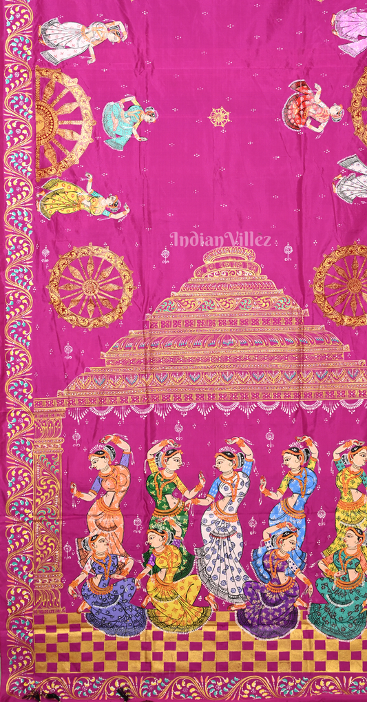 Rani Pink Black Nartaki Konark Temple Hand-Painted Pattachitra Saree