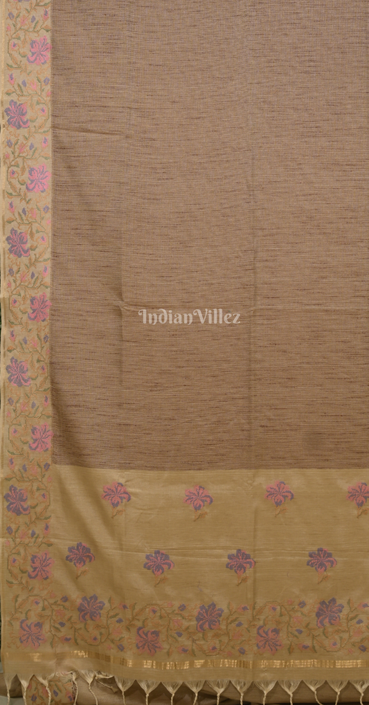 Dusty Brown Tusasr Silk Saree with Floral Bird Embroidery Work