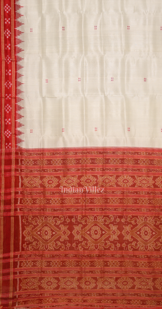 White Red Buti Design Pasapali Border Odisha Ikat Khandua Silk Saree
