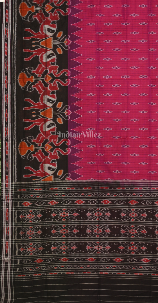 Rani Pink Black Elephant Scott Odisha Ikat Sambalpuri Cotton Saree