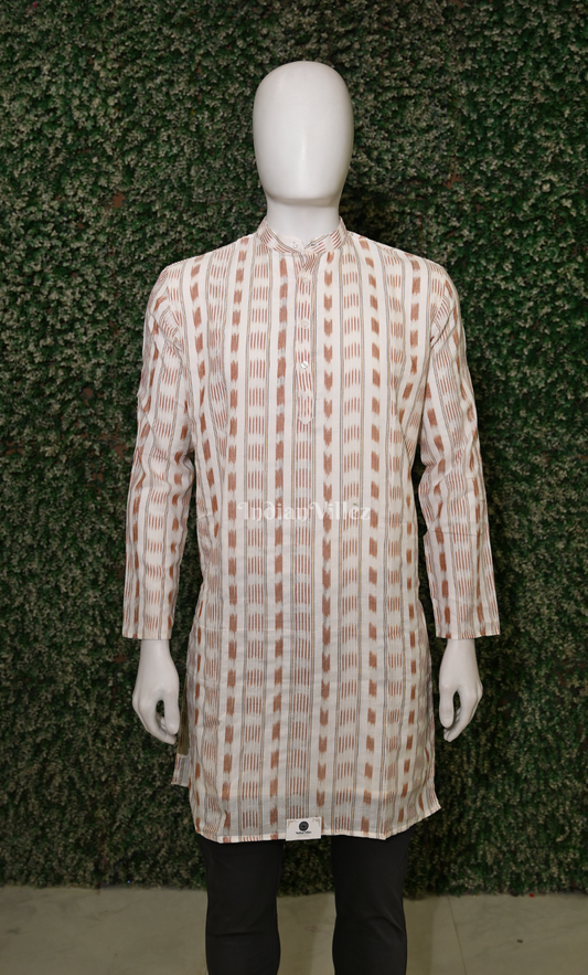 Off White Brick Red Odisha Ikat Sambalpuri Cotton Kurta For Men