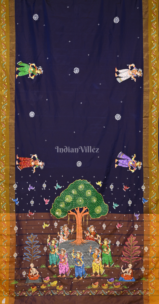 Blue Brown Radha Krishna Raas Hand-Painted Pattachitra Saree