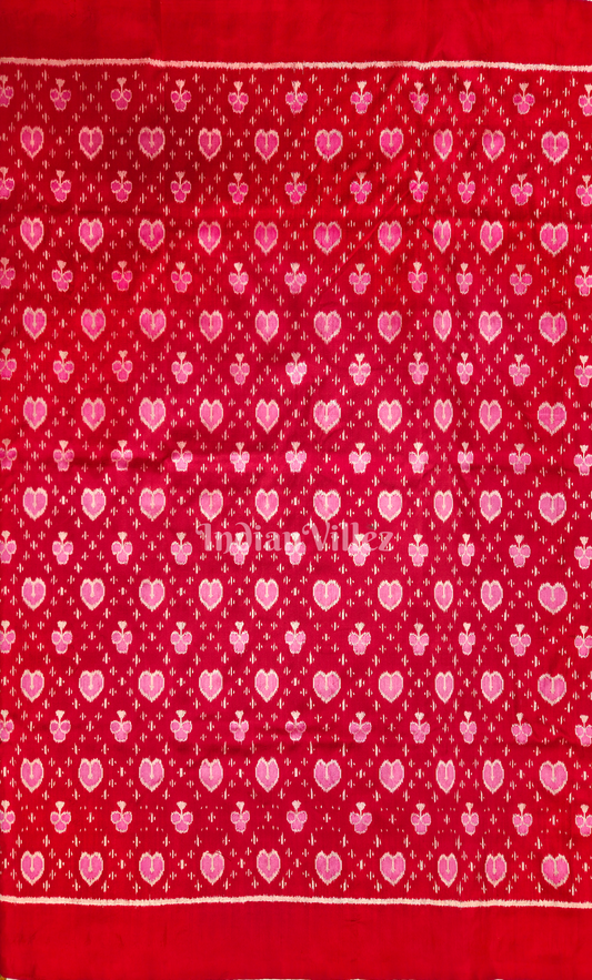 Red Pink Heart Motif Odisha Ikat Sambalpuri Silk Fabric
