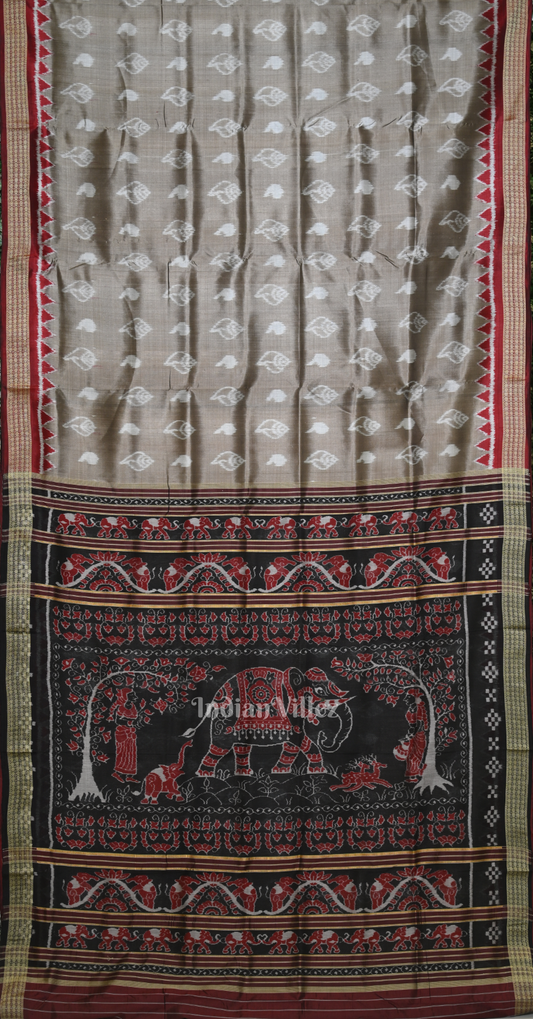 Ash Grey Maroon Odisha Ikat Sambalpuri Silk Saree with Elephant Anchal