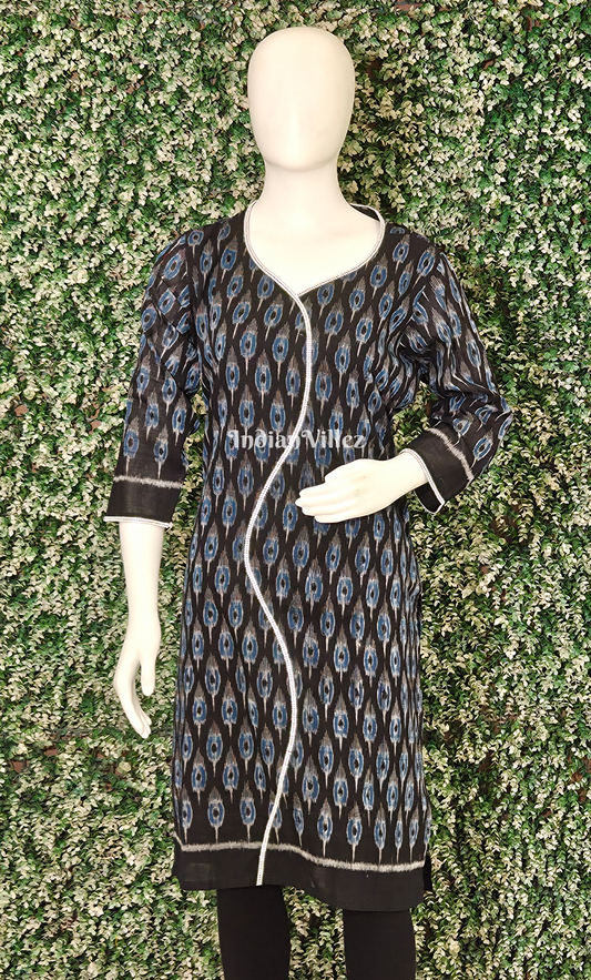 Blue Black Mor Pankh Motif Odisha Ikat Designer Cotton Kurti for Women