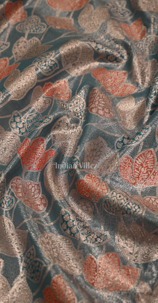 Powder Blue Red Floral Pure Kanjivaram Tissue Silk Saree