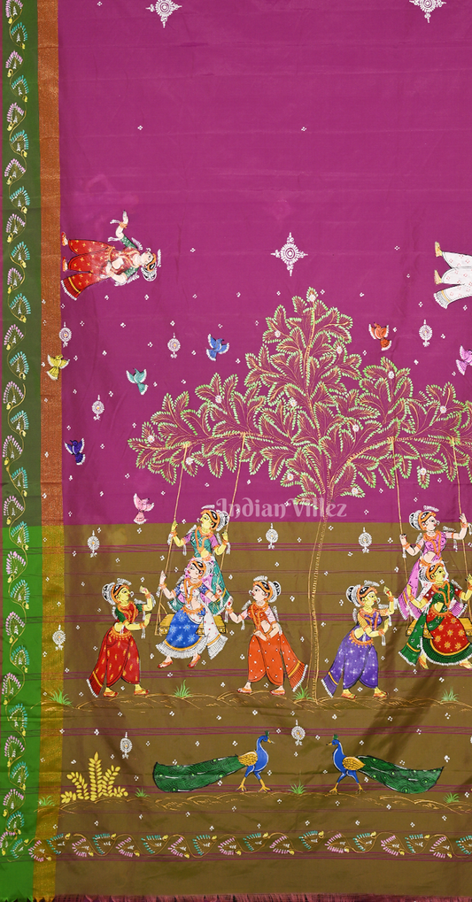 Rani Pink Moss Green Raja Doli Theme Hand-Painted Pattachitra Saree