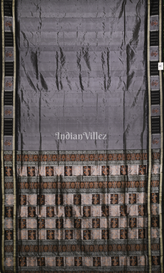 Grey Black Odisha Ikat Sambalpuri Silk saree with Doll Anchal