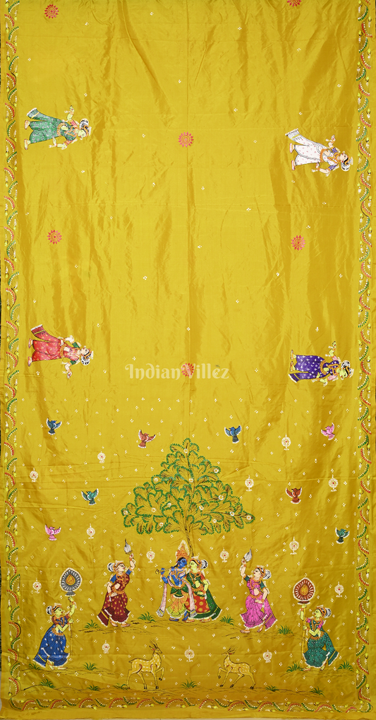 Mustard Yellow Krishna Raas leela Hand-Painted Pattachitra Saree