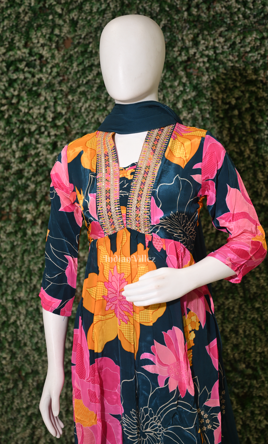 Teal Blue Floral Embroidered Kurta Pant with Dupatta Set