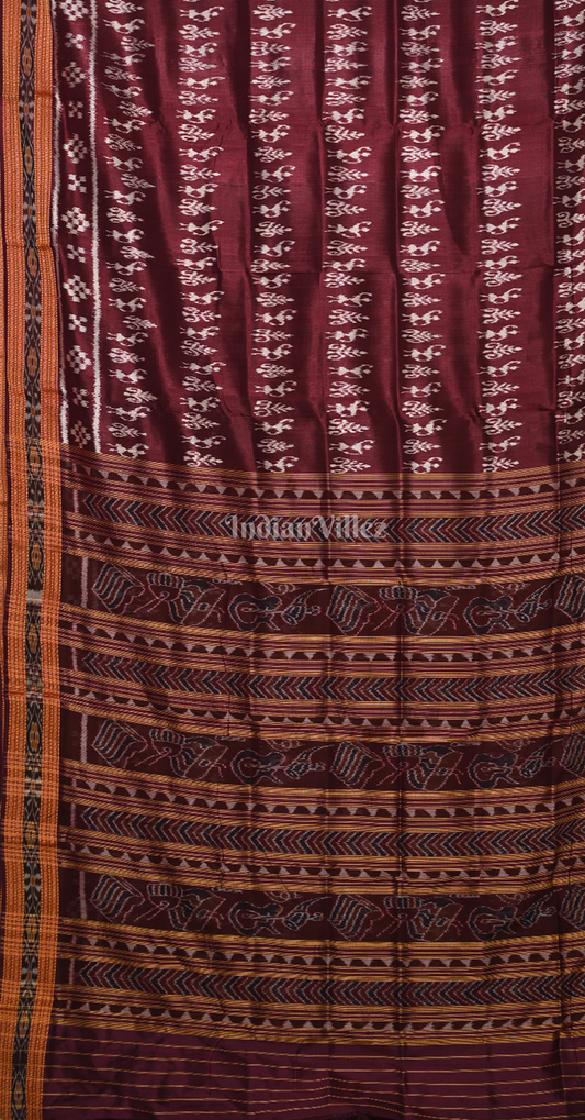 Maroon Tribal Theme Odisha Ikat Khandua Silk Saree with Pasapali Border