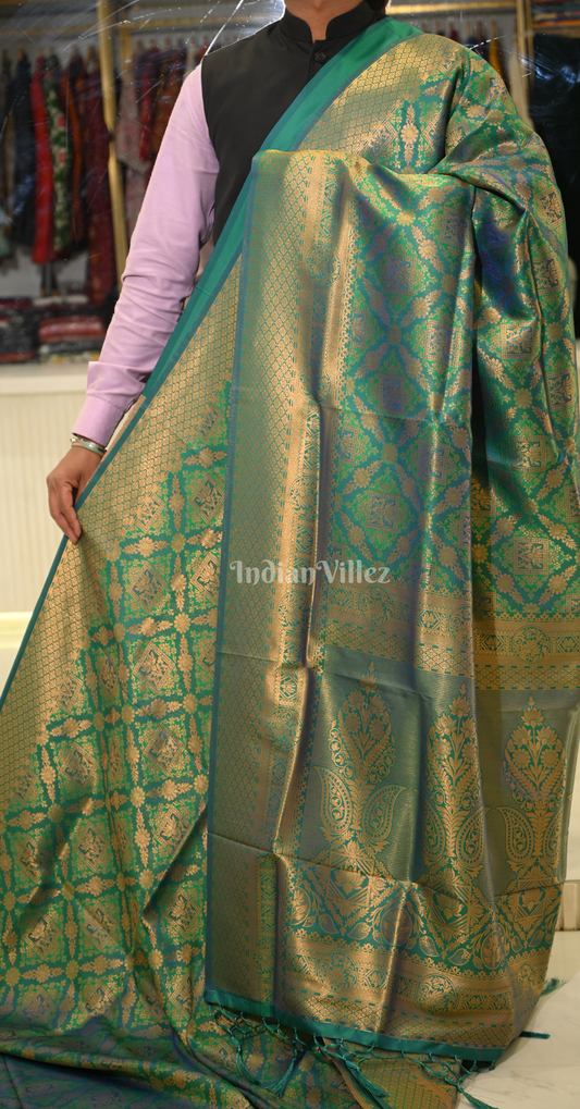 Green Golden Floral Kanjivaram Silk Saree with Brocade Work