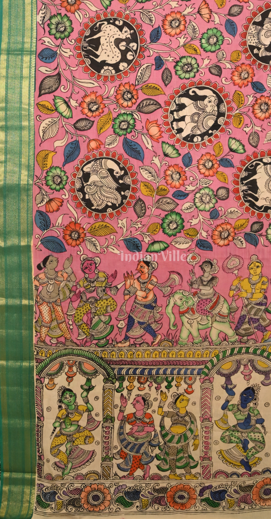 Pink Green Hand-Painted Natural Dye Cotton Kalamkari Saree