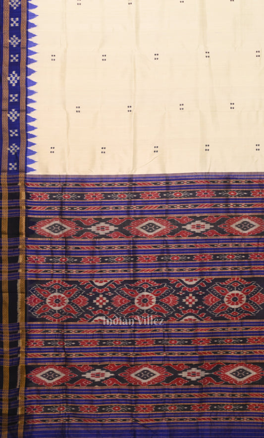 White Indigo Blue Border Pasapali Odisha Ikat Khandua Silk Saree