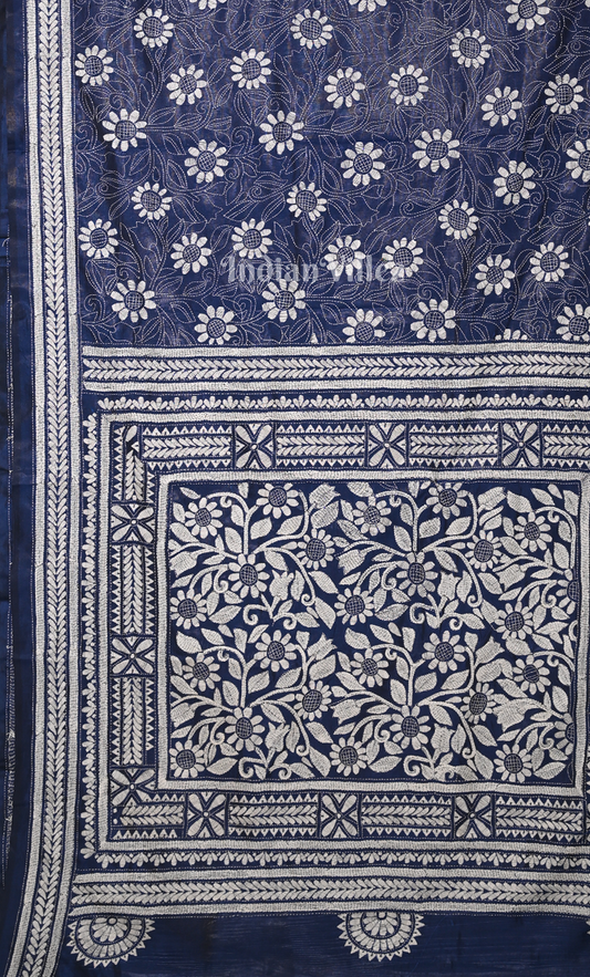 Navy Blue Handwoven Kantha Stitch Silk Saree