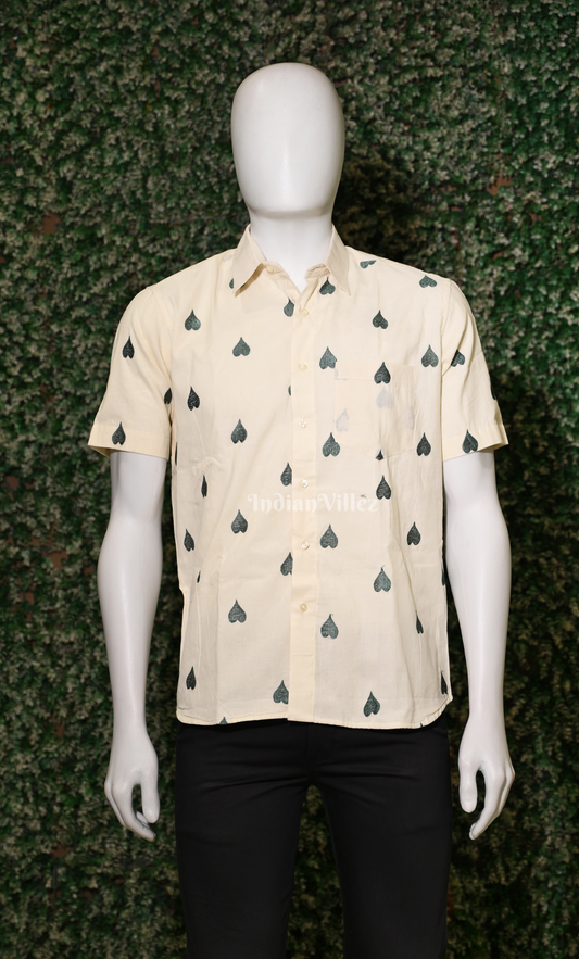 White Green Thread work leaf shaped motif Odisha Ikat Cotton Half Sleeve Shirt