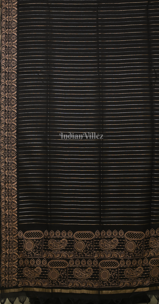 Black Stripped Tussar Silk Saree with Embroidery Work