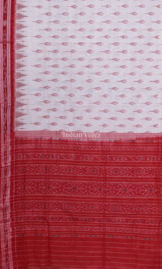White Red Mayur Chandrika Odisha Ikat Maniabandha Cotton Saree