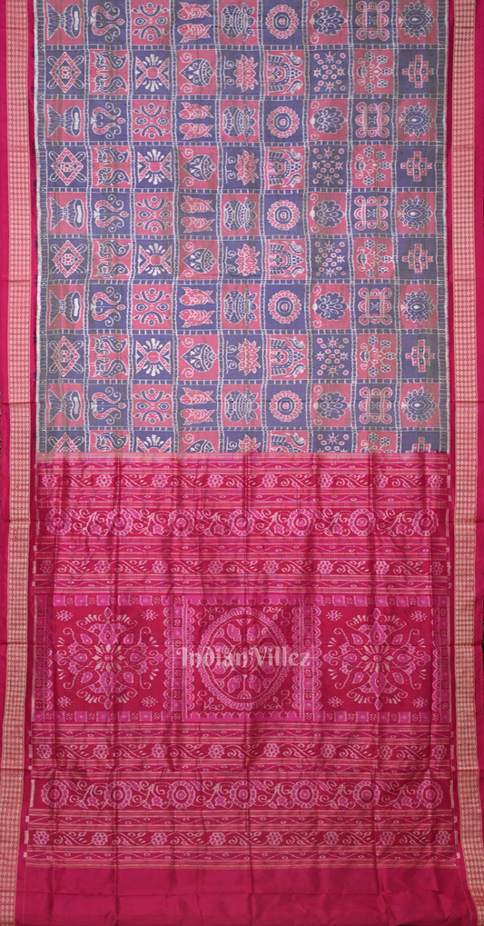 Exclusive Grey Rani Pink Nabakothi Odisha Ikat Sambalpuri Silk Saree