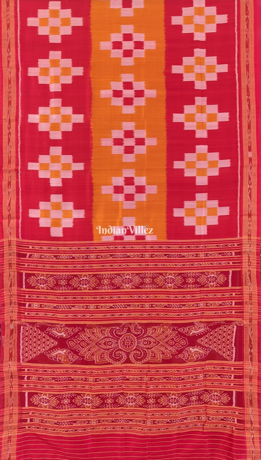 Red Golden Pasapali Odisha Ikat Khandua Silk Saree