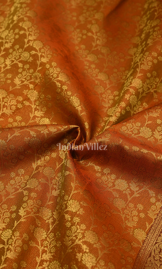 Mustard Yellow Blue Floral Brocade Pure Kanjivaram Silk Saree