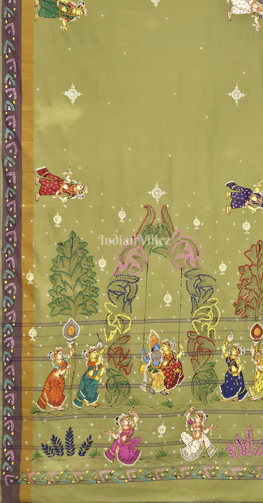 Mehendi Green Raja Doli Theme Hand-Painted Pattachitra Saree