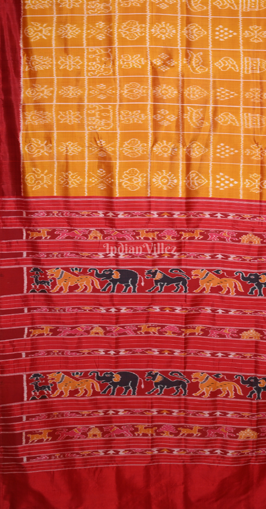 Mustard Yellow Red Nabakothi Odisha Ikat Contemporary Designer Silk Saree