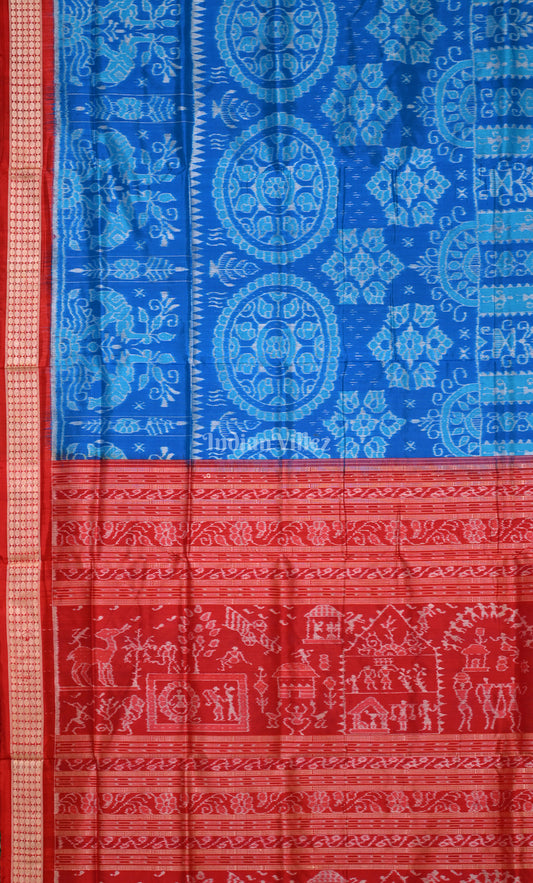 Exquiste Blue Red Tribal village life Design Odisha Ikat Sambalpuri Silk Saree
