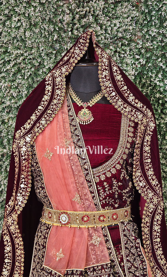 Enchanting Maroon Peach Embroidered Velvet Lehenga Choli with Dupatta