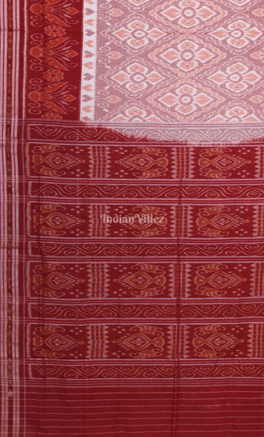 Grey Red Flower Motif Odisha Ikat Sambalpuri Cotton Saree