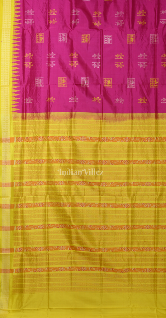 Rani Pink Yellow Tribal Motif Tussar Silk Saree with Sarabandha Anchal
