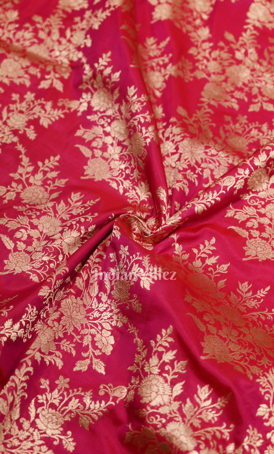 Rani Pink Pure Katan Banarasi Silk Saree with Golden Floral Jaal Work