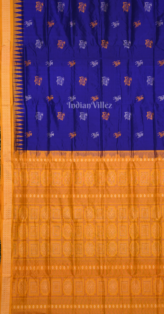 Blue Yellow Tribal Huts Design Odisha Ikat Bomkai Sambalpuri Silk Saree