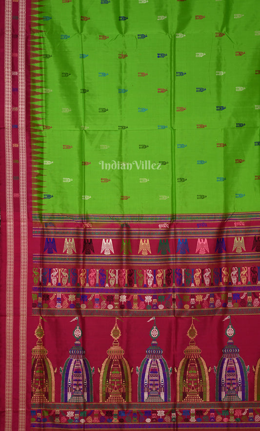 Parrot Green Rani Pink Shree Mandir Theme Bomkai Sambalpuri Silk Saree