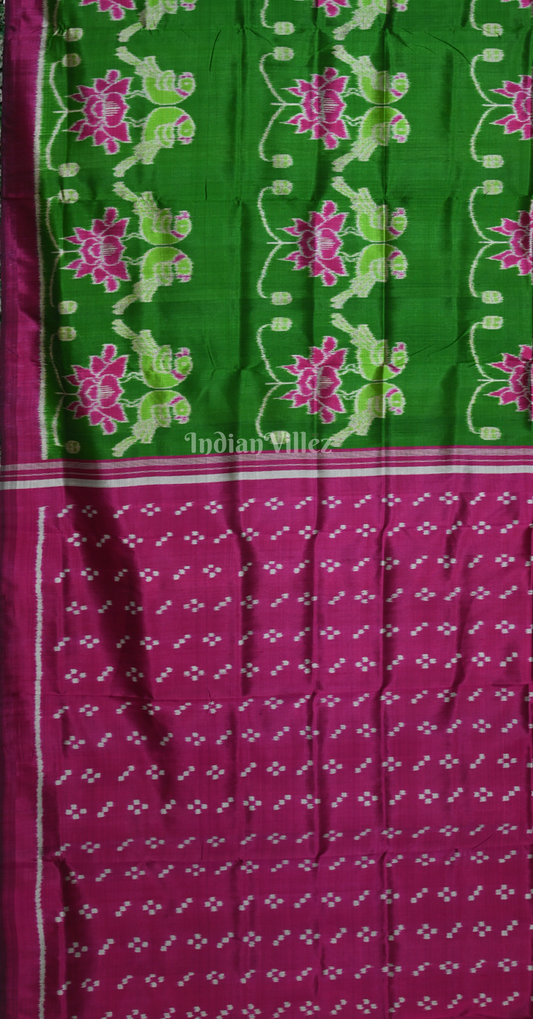 Green Magenta Pink Lotus Parrot Motif Odisha Ikat Contemporary Designer Silk Saree