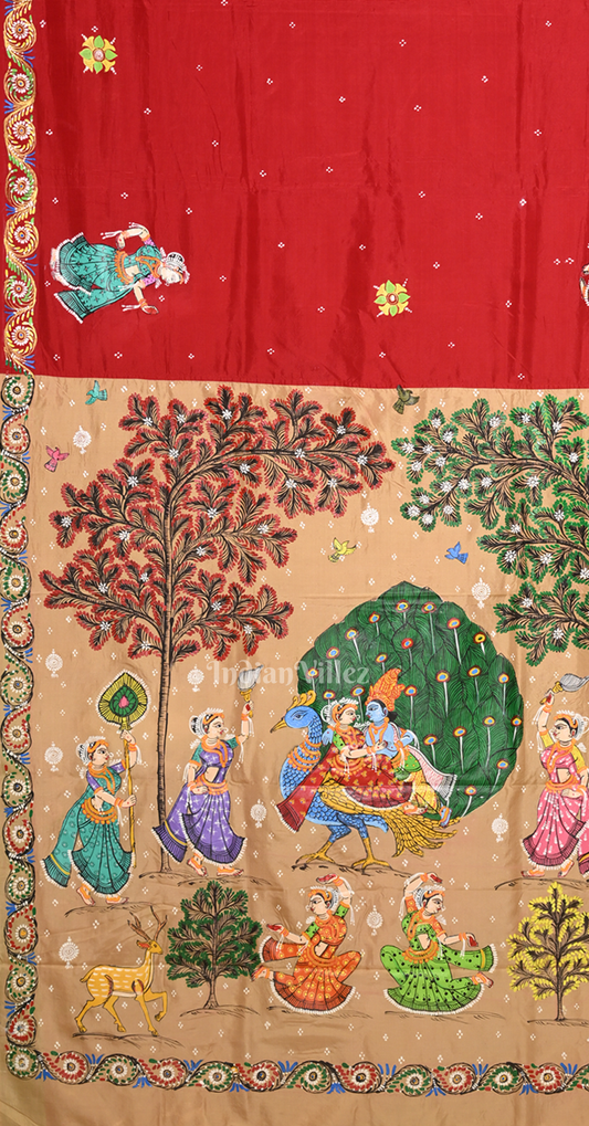 Red Beige (Mayur) & Nartaki Theme Hand-Painted Pattachitra Saree