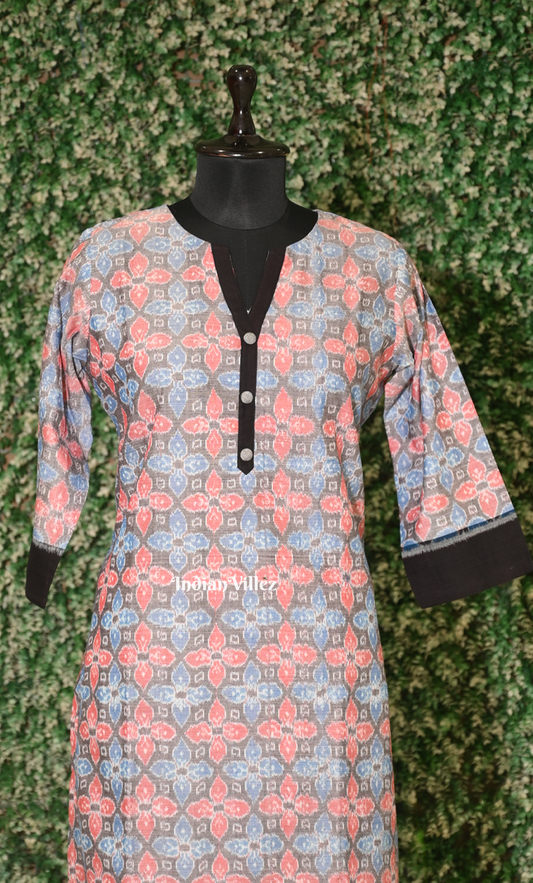 Grey Black Floral Motif Odsiha Ikat Cotton Kurti Set with Pallazo (Co-Ords Set)
