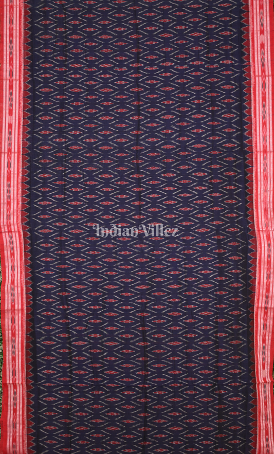 Navy Blue Red Damru Pasapali Odisha Ikat Maniabandha Cotton Saree