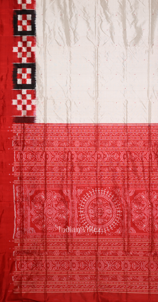 White Red Double Pasapali Border Odisha Ikat Contemporary Designer Silk Saree