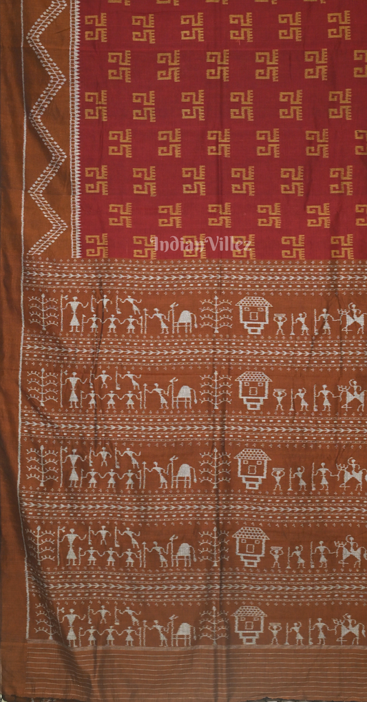 Maroon Brown Laxmipada Theme Odisha Ikat Sambalpuri Cotton Saree With Tribal Anchal