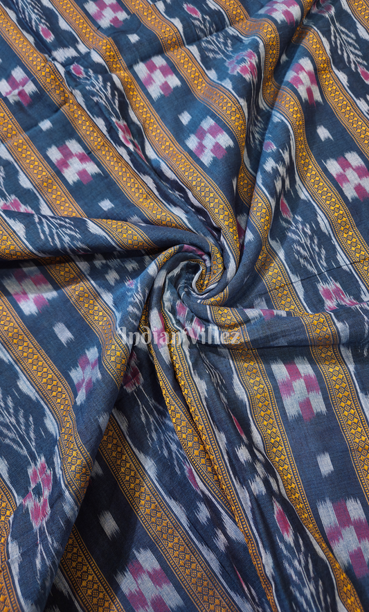Blue Yellow Pasapali Flower Theme Odisha Ikat Sambalpuri Cotton Fabric