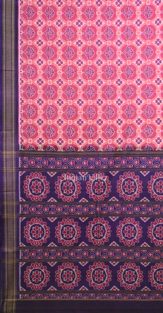 Peach Pink Purple Floral Motif Odisha Ikat Sambalpuri Cotton Saree