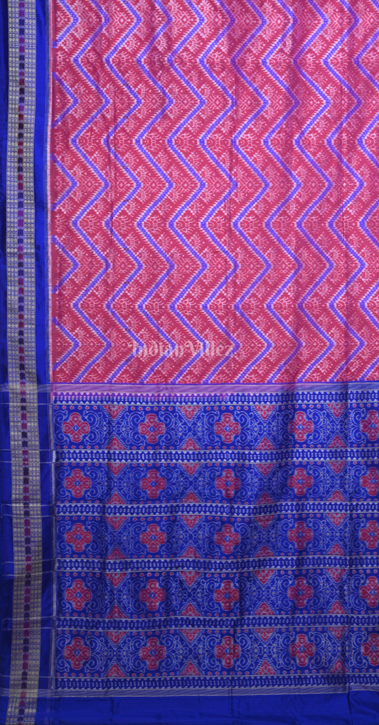Red Blue Tribal Motif Odisha Ikat Sambalpuri Silk Saree with Double Blouse Piece