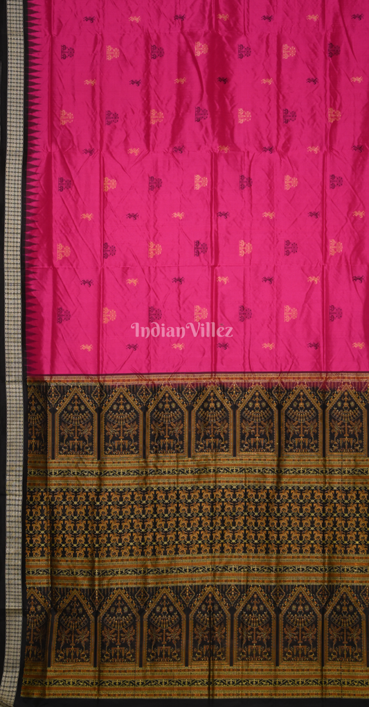 Rani Pink Black Tribal Theme Odisha Ikat Bomkai Sambalpuri Silk Saree