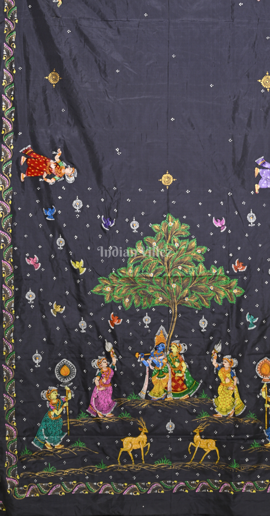 Grey Krishna Raasleela Hand-Painted Pattachitra Silk Saree