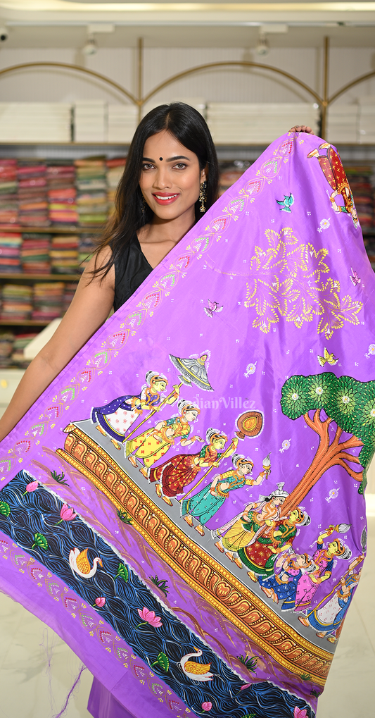 Lavendar Raas Leela Hand-painted Pattachitra Saree