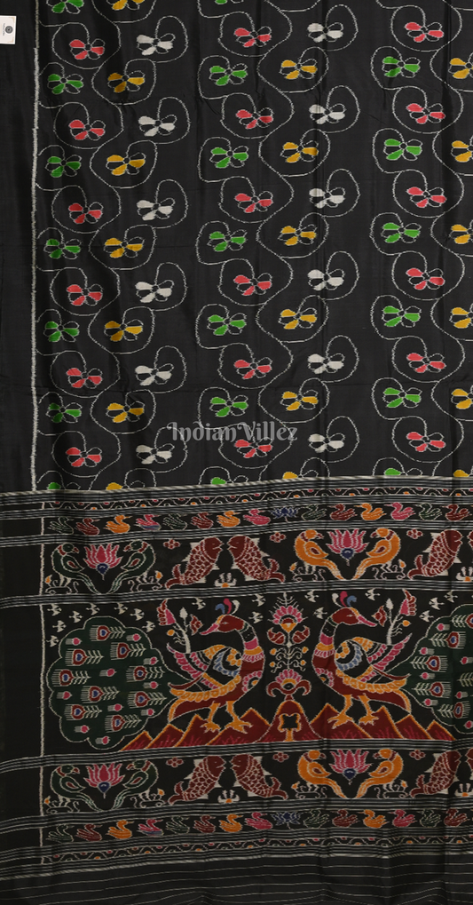 Black Odisha Ikat Contemporary Designer Silk Saree with Peacock Anchal