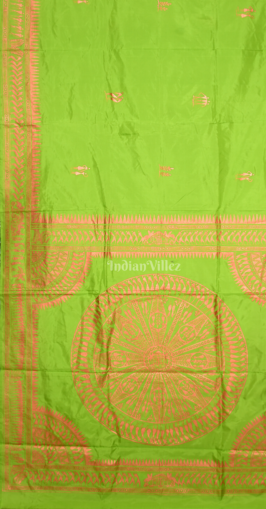 Parrot Green Tribal Konark Chakra Hand-Painted Pattachitra Saree